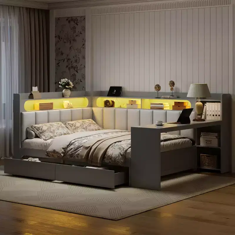 Full Size Daybed with Storage Shelves, Charging Station, LED Light & Desk