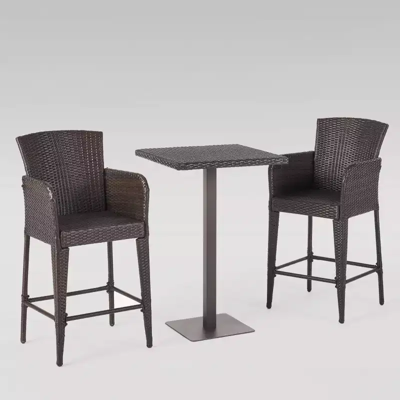 Leo 3pc Wicker Square Bar Set Multibrown - Christopher Knight Home: Weather-Resistant Iron Frame Patio Set