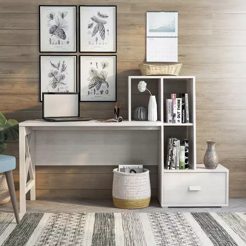 Multi Storage Desk in White Oak, Transitional Style with USB Charging & Open Shelves
