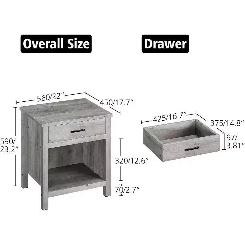 Acekool Farmhouse Grey Square Nightstand, Bedside Table with Drawer, End Table, Accent Table for Bedroom or Living Room