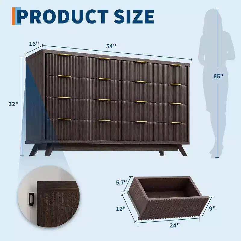 54 Modern Wood Wide Fluted Dresser with 8 Drawers, Curved Design and Handle, Closet Clothes Storage Organizer Cabinet, TV Stand for Bedroom Hallway
