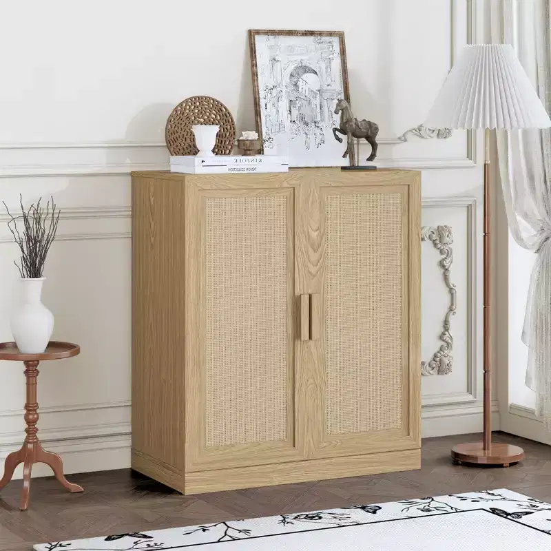 Rattan Wood Accent Cabinet with Adjustable Shelf, 36