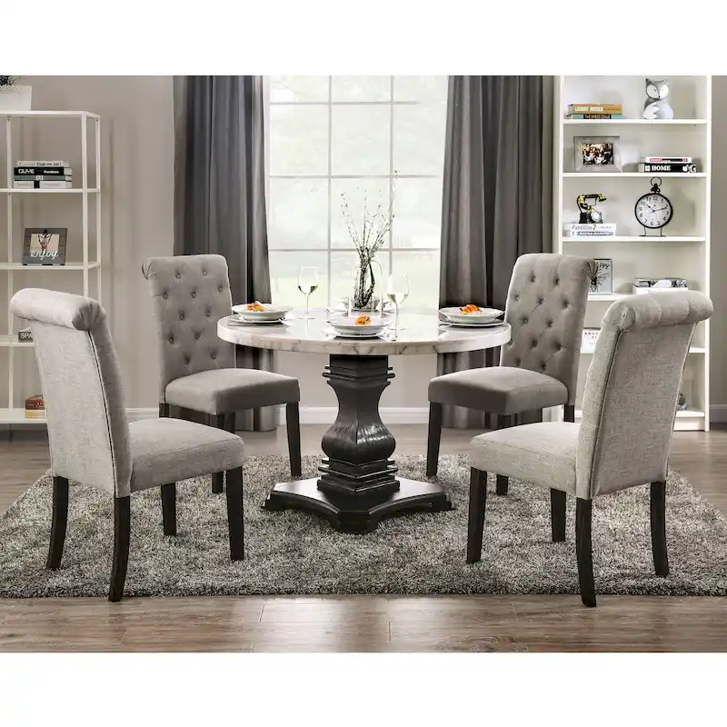 Brec Farmhouse Marble Top 5-Piece Round Dining Table Set with Tufted Chairs by Furniture of America