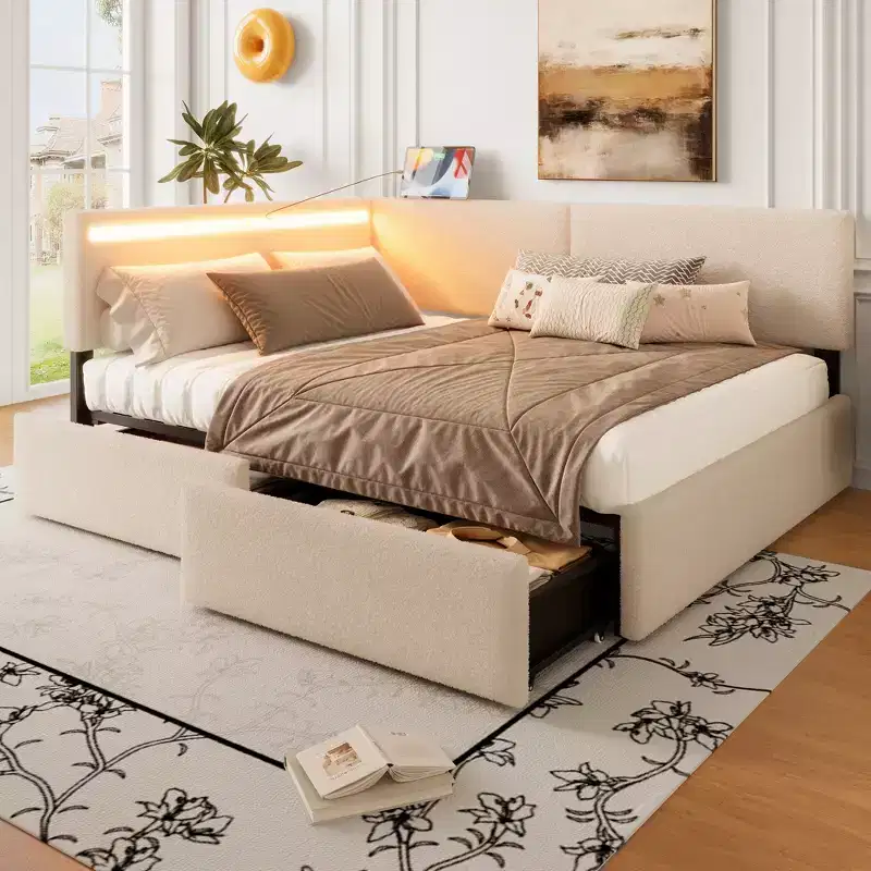 GDFStudio Camden Upholstered Corner Daybed with USB Charging Headboard and Tufted Back