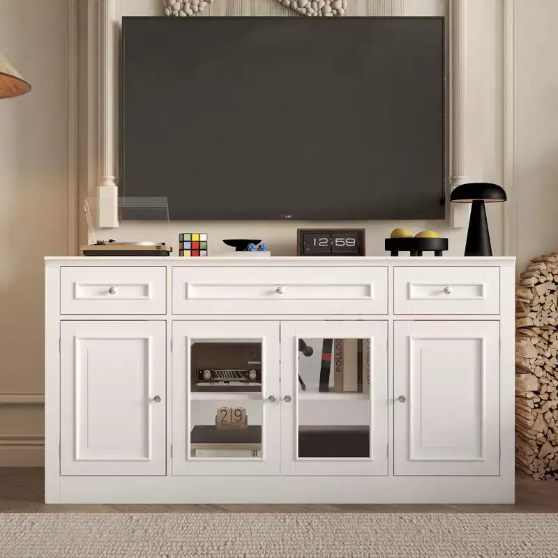 Modern TV Stand with Glass Doors & 3-Drawer Media Console for Living Room