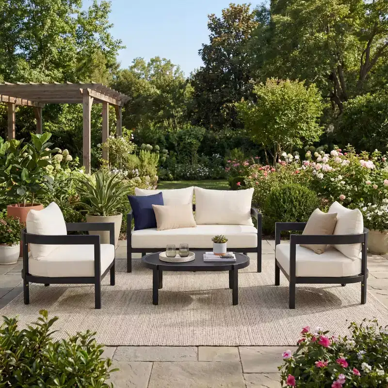 GDFStudio Estella 4 Piece Modern Outdoor Aluminum Conversation Set with Glass Coffee Table