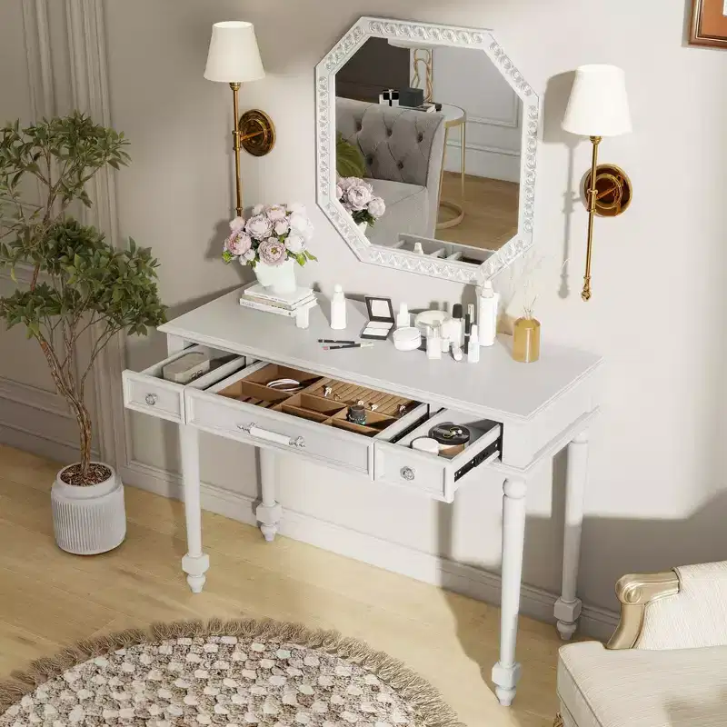 GDFStudio Temani Retro 3-Drawer Makeup Desk with Large Octagonal Mirror and Jewelry Storage