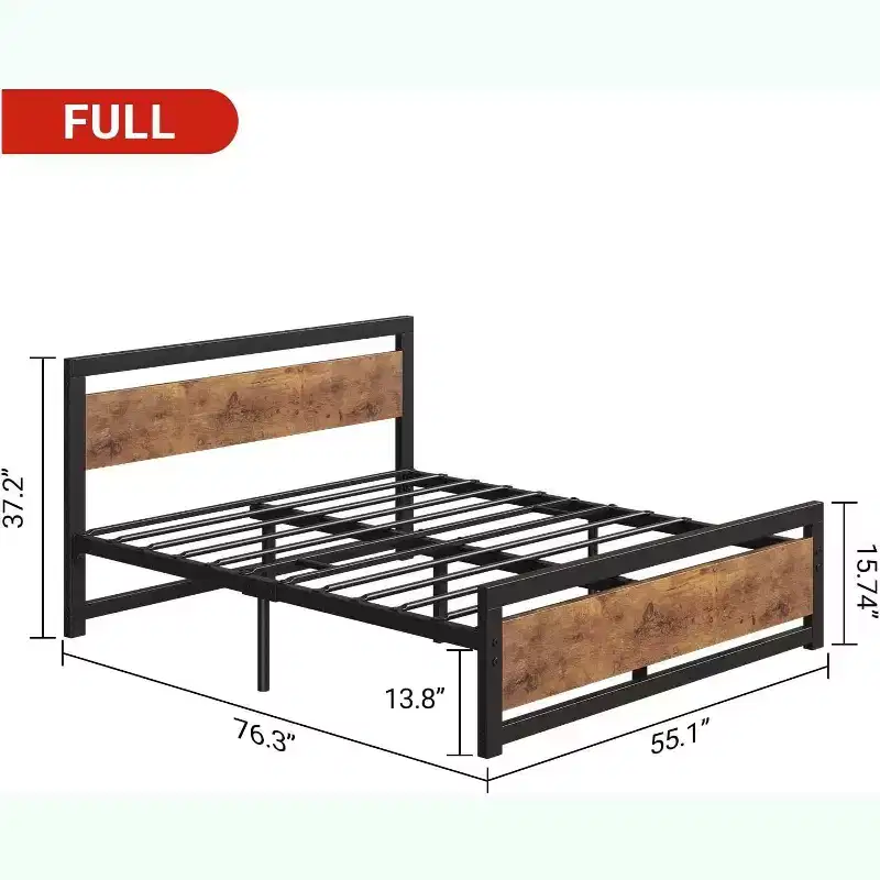 Vintage Industrial Bed Frame with Rustic Wood Headboard, 14 Underbed Storage, No Box Spring Needed, Easy Assembly
