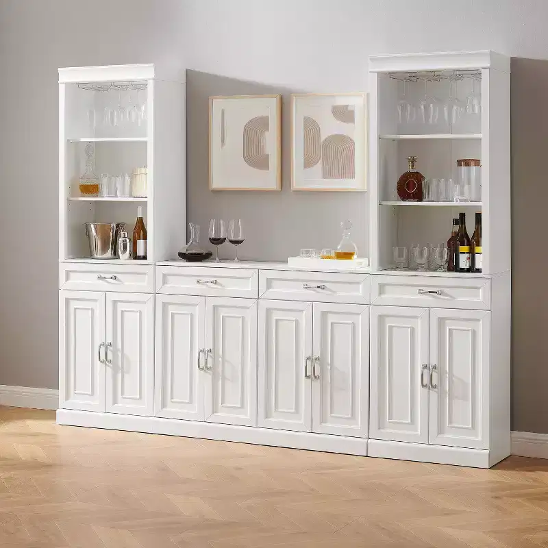 Crosley 95" Stanton 3pc Sideboard and Bar Cabinet Set White: Traditional Storage, Hutch Design