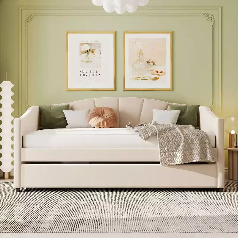 Twin Size Upholstered Daybed with Trundle, Velvet Sofa Bed with Headboard and Armrest for Living Room