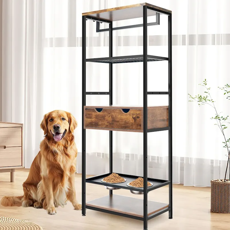 3 Height Adjustable Raised Dog Bowls, Dog Feeder Station for Large Medium Dogs Cats, Dog Storage with shelves