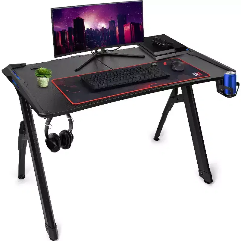 Deco Gear 47 LED Gaming Desk, Carbon Fiber Surface, Cable Management & Headphone Hook
