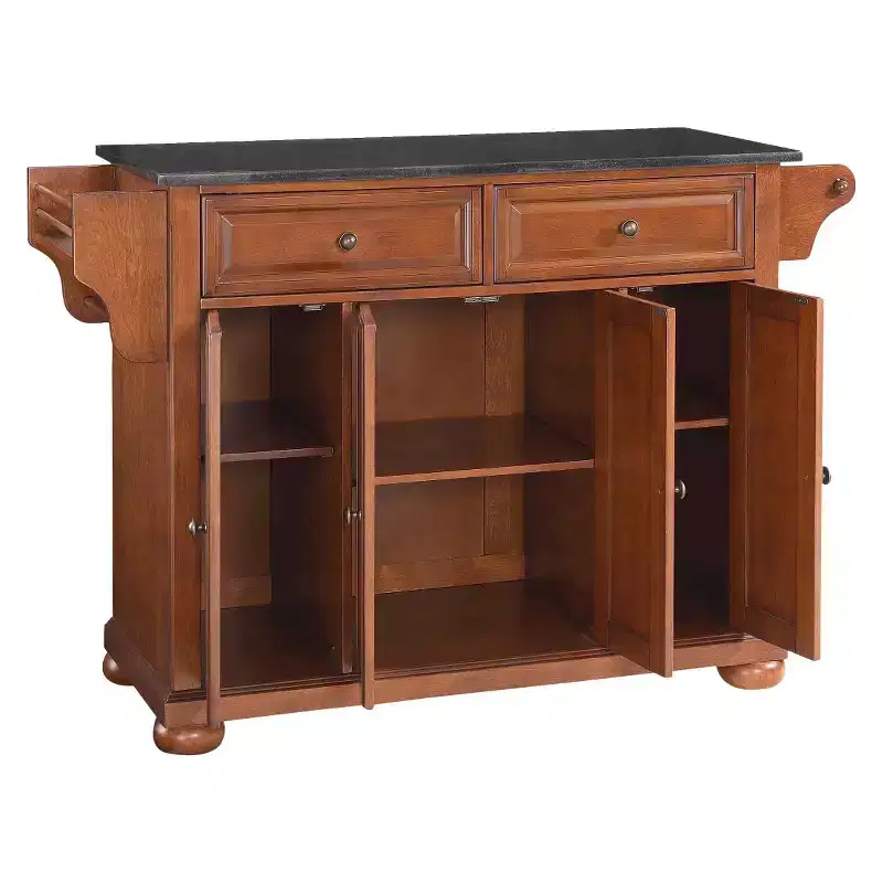 Black Granite Top Kitchen Island - Wood & Cherry: Hardwood Frame, Towel Bar, 6 Shelves, 2 Drawers