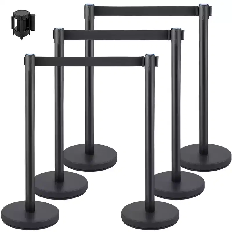 VEVOR Crowd Control Stanchion, Set of 6 Pieces Stanchion Set, Stanchion Set with 6.6 ft/2 m Black Retractable Belt, Black Crowd Control Barrier,Black