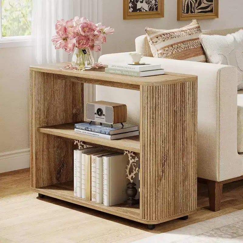 Narrow Side Table, 3-Tier End Table with Storage Shelves, Farmhouse Bedside Table for Bedroom, Living Room, Small Spaces, Sofa Couch, Natural