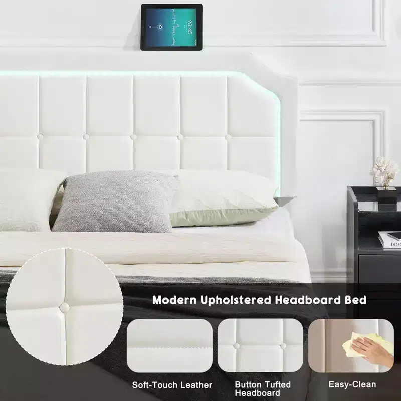 TruAIR Queen Floating Bed Frame with Adjustable Headboard  Upholstered Platform, Metal Frame, No Box Spring Needed, Quick Assembly, White
