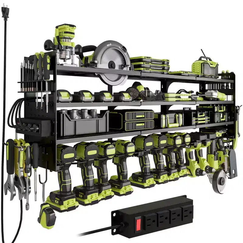 4-Tier Power Tool Organizer with Pegboard, 12-Slot Drill Rack and Power Strip, Black