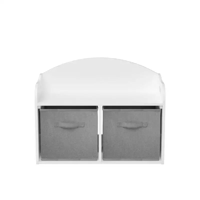 Kids Wooden Toy Box/Bench with Collapsible Fabric Drawers - White