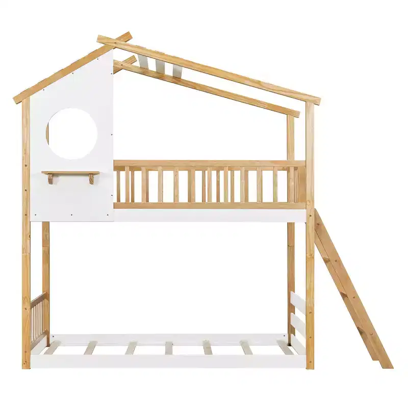 Twin Over Twin Playhouse Bunk Bed with Roof, Safe Ladder & Railings, Natural Pine