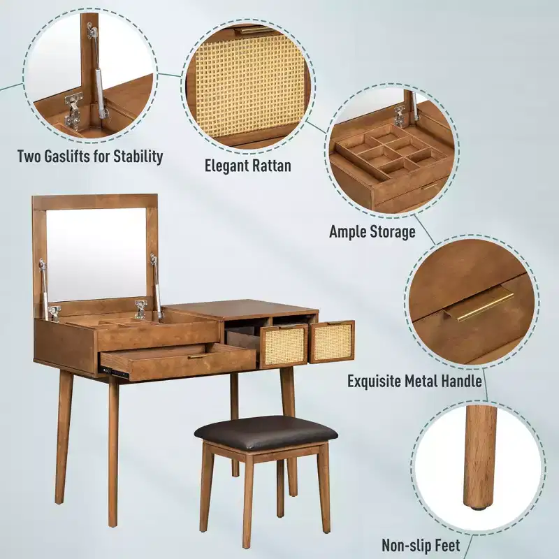 43.3 Classic Wood Makeup Vanity Set with Flip-top Mirror and Stool, Dressing Table with Three Drawers and storage space, Brown