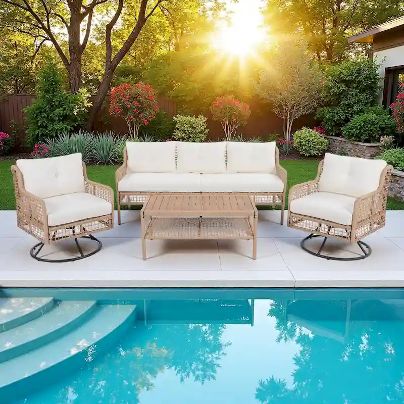 4-Pieces Outdoor Rattan Conversation Sofa Set with Swivel Chairs and Coffee Table