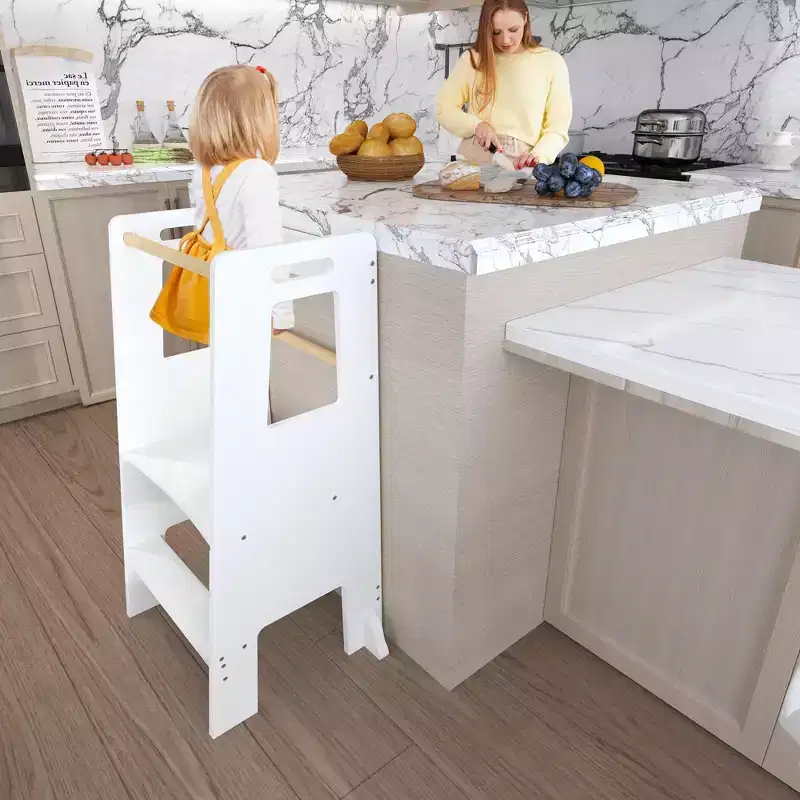 Children's Standing Tower, Kitchen Step Stool, Toddler Wooden Step Stool - Height Adjustable, for Kitchen Use, White
