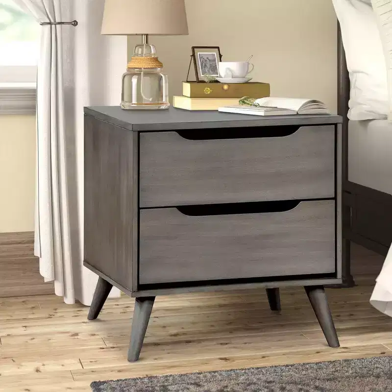 2 Drawer Wooden Nightstand with Cut Out Pulls, Gray