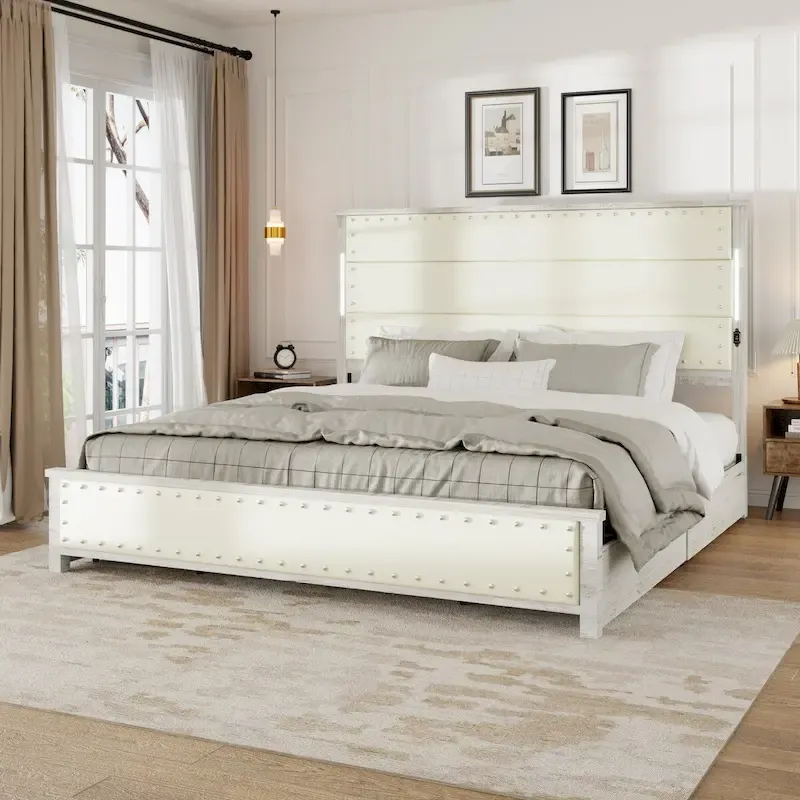 King Bed Frame with Headboard&Charging Station, 4 Drawers, LED Lights, Wood Slats, Faux Leather & Rivets, No Box Spring Needed