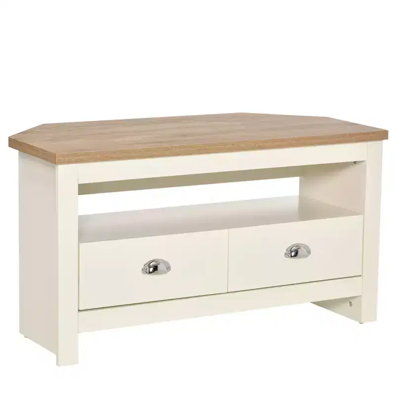 GDFStudio Cordoba Modern Wood Corner TV Stand with Drawers and Open Shelf