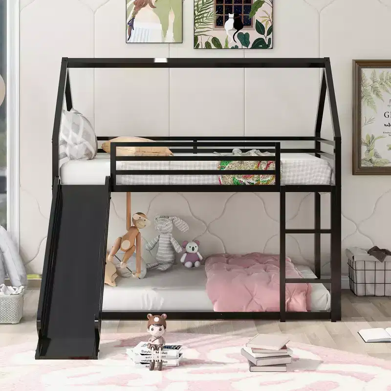 Twin over Twin Metal House Bunk Bed with Convertible Slide and Ladder