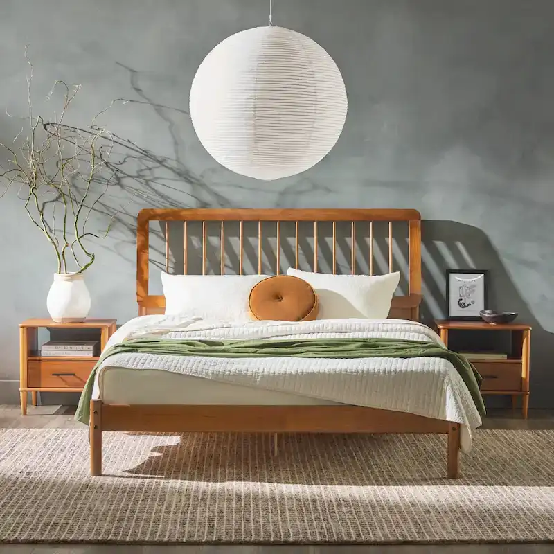 Solid Wood Queen Spindle Bed, Caramel / Natural Pine / Black, Fits 2