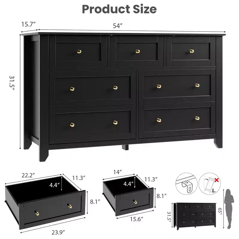 Modern 7-Drawer Wooden Dresser Chest, 54 Inch Wide Large Dresser with Deep Drawers & Metal Knobs for Bedroom, Entryway & Hallway