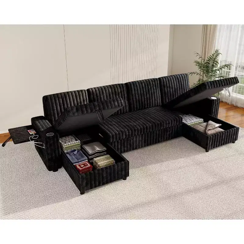 MooxvMoo 122 U-Shaped Sleeper Sofa with Storage,Side Table,USB Ports&Cup Holders Jet,Convertible Couch Featuring Pull-Out Bed,Adjustable Backrest