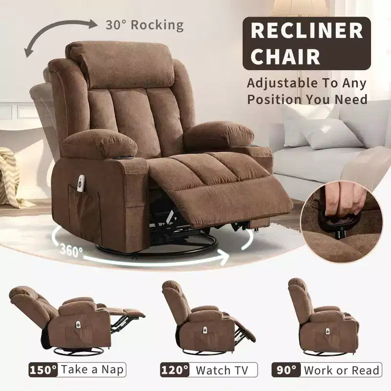 360 Swivel Rocker Recliner Chair with Heat and Massage for Big & Tall Adults, with Remote Control, Cup Holders, Side Pockets, USB Charge Port
