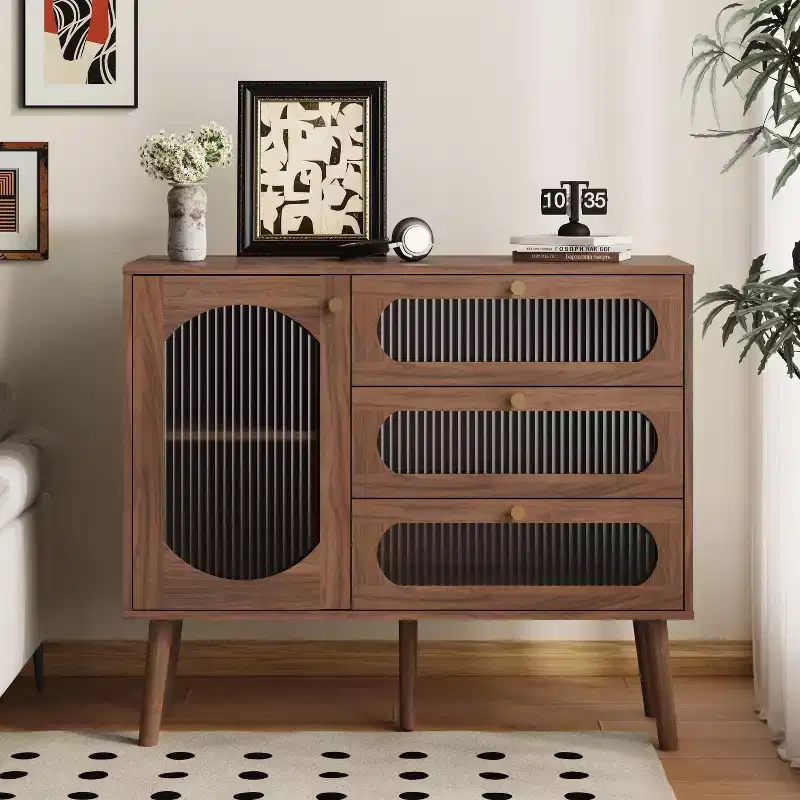 JVNOXK Decorative cabinet with 3 drawers and cabinet doors, wooden storage cabinet with shelves, suitable for living rooms, natural wood
