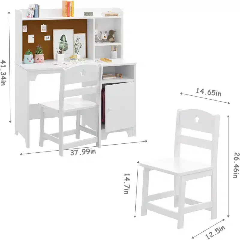 Kids Desk and Chair, Wooden Study Desk with Hutch, Storage Cabinet, Writing Desk-Computer Workstation for Kids Bedroom & Study Room, White