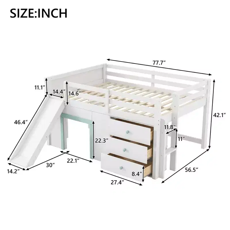 Full Size Low Loft Bed with Slide and 3 Storage Drawers - Pine & MDF, White, 500 lb Capacity