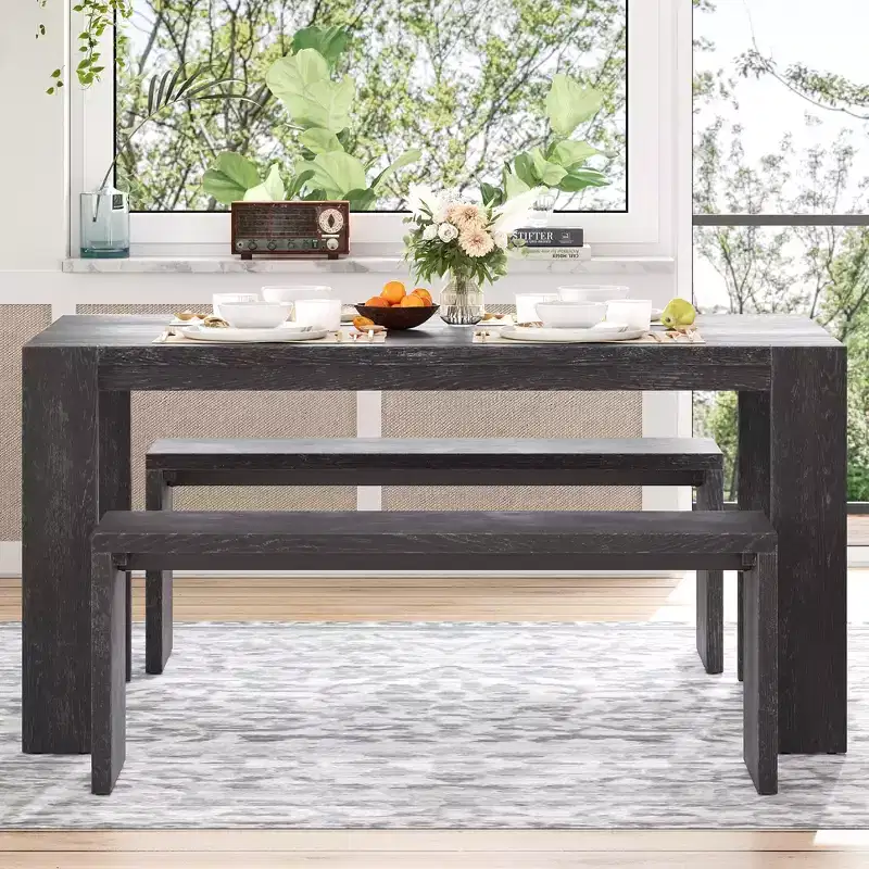 3-Piece Farmhouse Style Dining Set, Dining Table and 2 Benches for Dining Room, Kitchen and Living Room - ModernLuxe