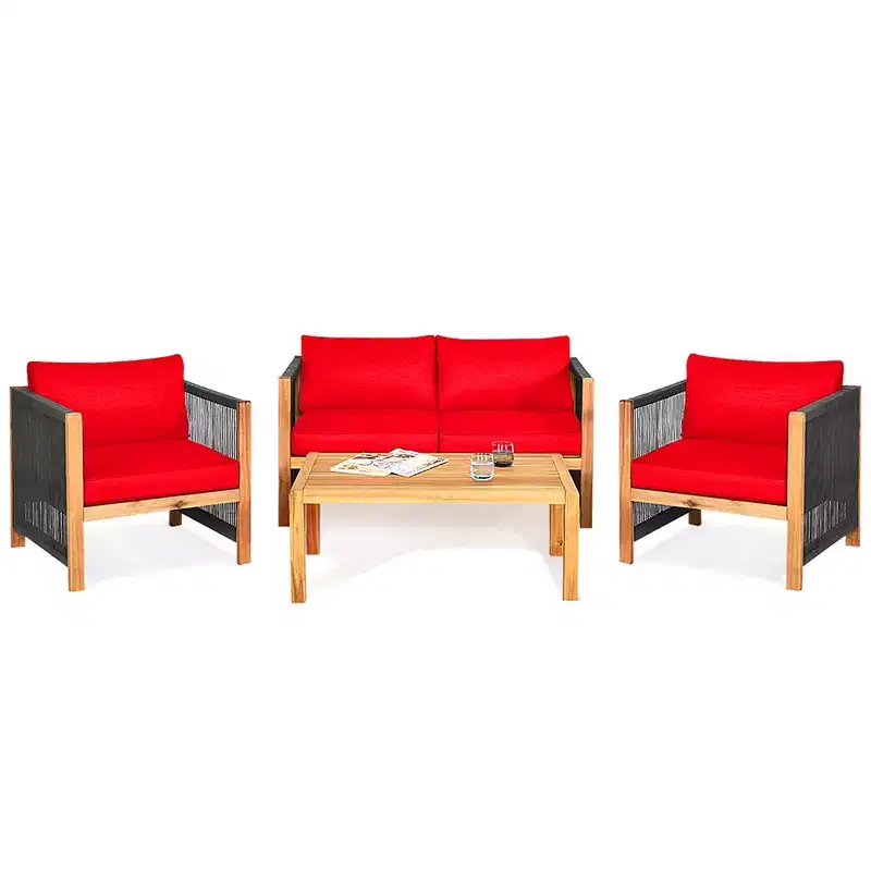 Costway 4PCS Wooden Patio Furniture Set Cushioned Sofa W/Rope Armrest White\Turquoise\Red