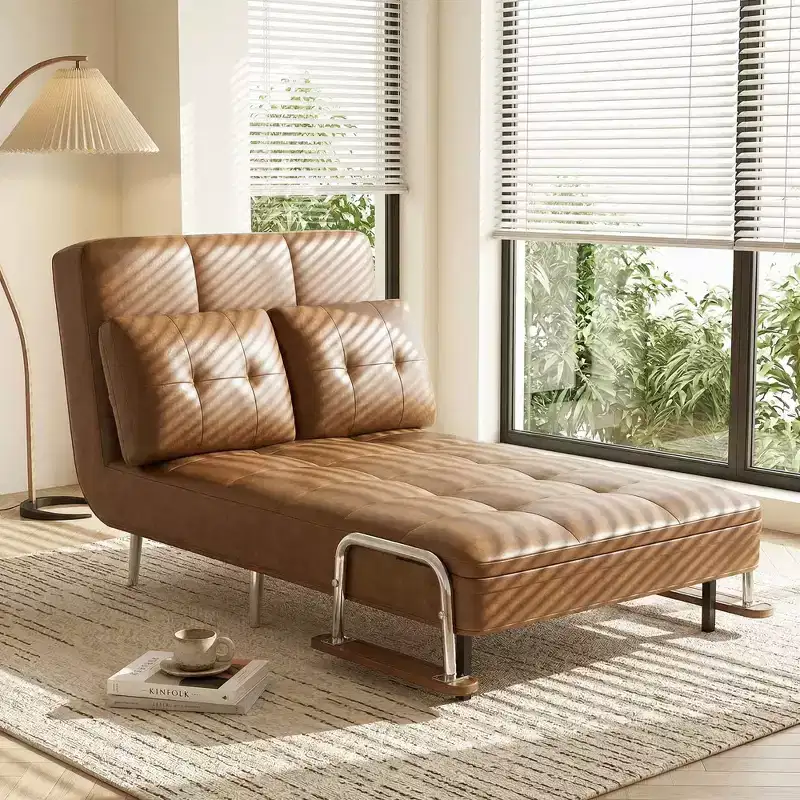 Modern Convertible Faux Leather Sleeper Sofa, Fold-Out Loveseat Bed with Wood Armrests Gaoyangjiaju