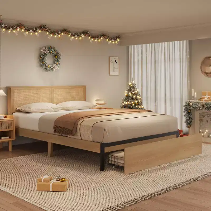 Natural Rattan Headboard Bed Frame with 2 Drawers – Full / Queen / King, 1 Person