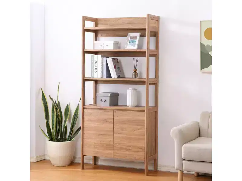 4-Shelf 2-Door Bookcase, Oak Finish, Freestanding Storage Cabinet for Living Room or Office