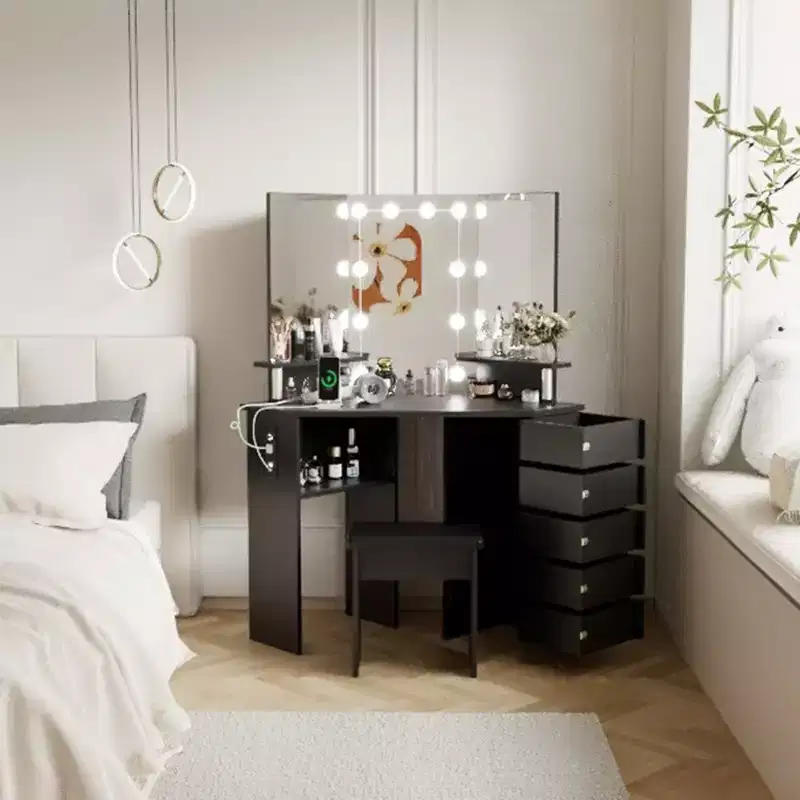 Garvee Makeup Vanity Desk with Lights & Power Outlet-Corner Vanity Table with 5 Rotating Drawers, for Bed Room