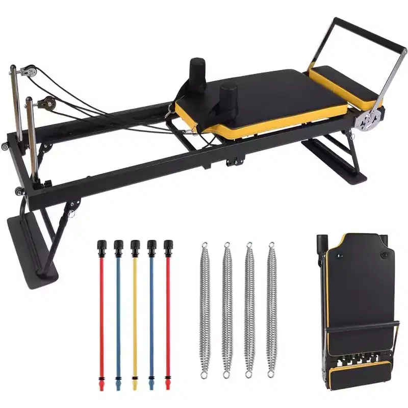 Pilates Reformer Machine with Springs & Resistance Bands, Full Body Workout Reformer Bed with Adjustable Height, Carbon Steel Frame
