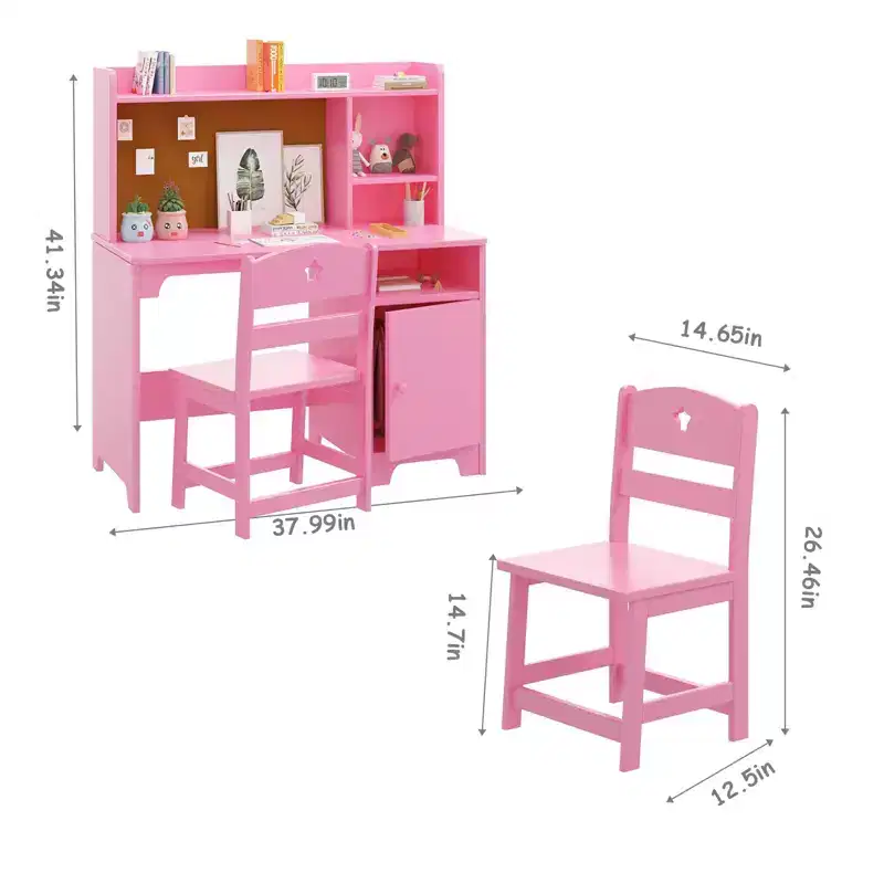 Kids Study Desk & Chair Set with StorageToddler Ergonomic Children's Learning Table with Bookshelf & Organizer - Engineered Wood Construction