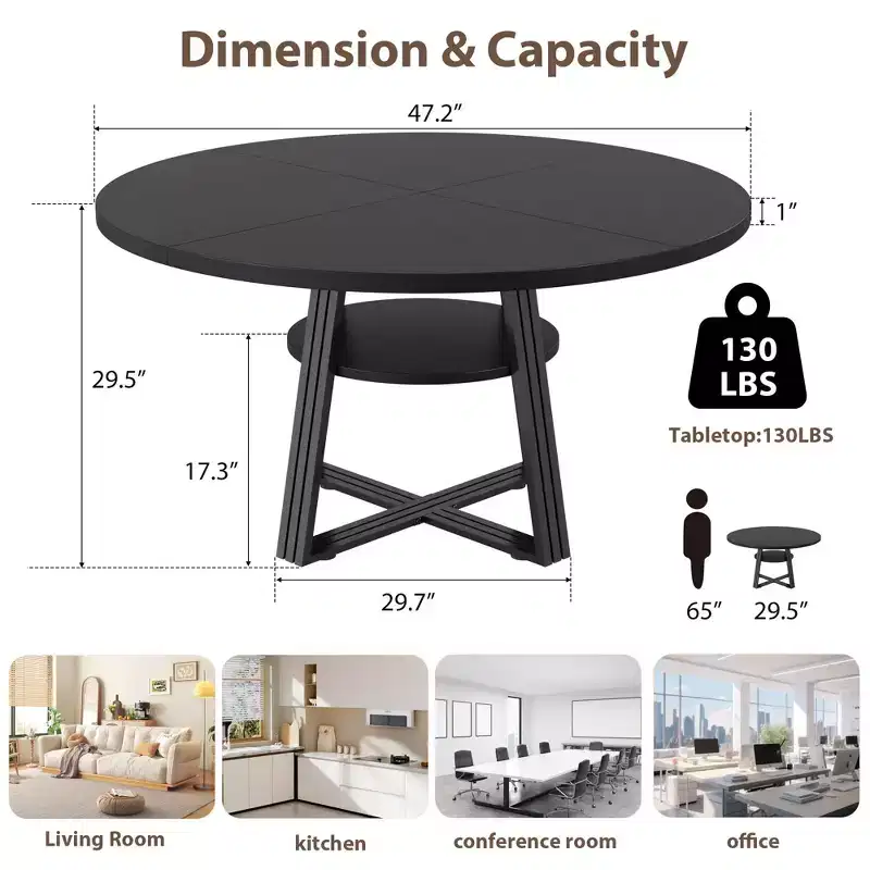 Round Dining Table for 4-6, 47 Kitchen Table with Storage Shelf, Wooden Dinner Table with Metal Base for Home Living Room, No Chairs