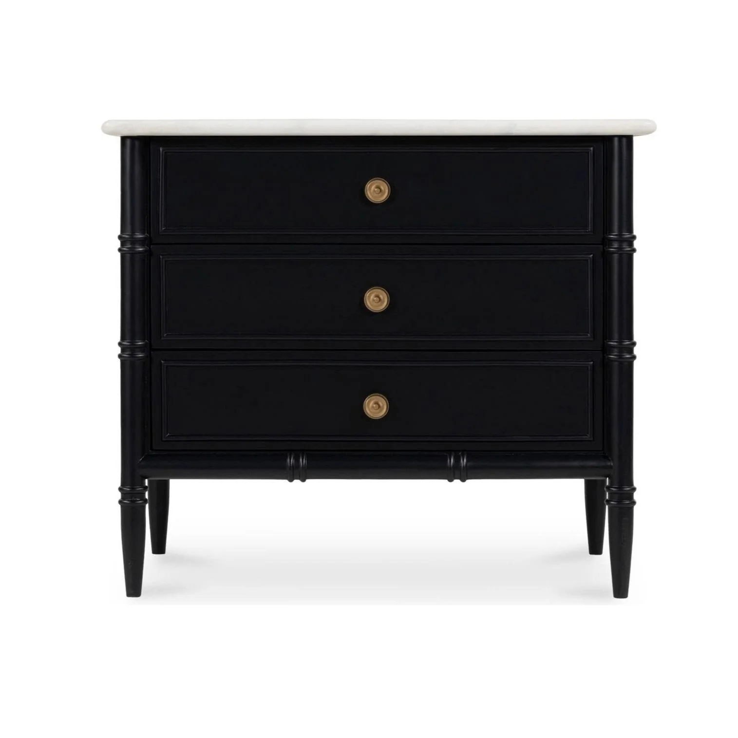 Provence-Inspired Mango Wood & Marble Top Nightstand with Brass Handles & Dual Drawers for Bedroom