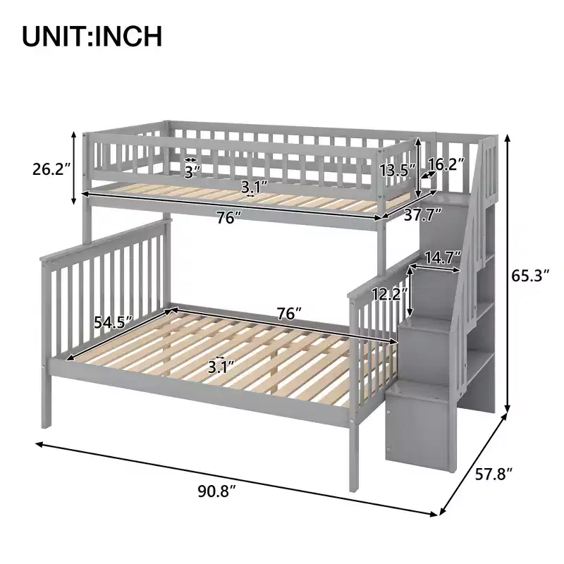 Twin over Full Loft Bed with Stairs, Solid Wood Stairway Bunk Bed with Storage and Guard Rail for Kids Teens Adults