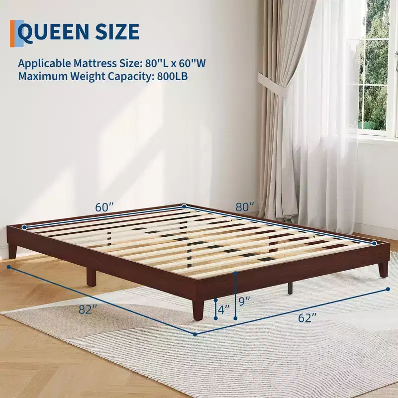 Queen Size Bed Frame,9 Inch Natural Sturdy Wood Platform Bed Without Headboard,Wooden Bed Frame with Strong Wood Slats Support