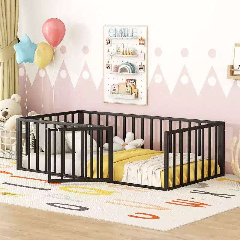 Floor Bed Frame for Kids, Metal Montessori Floor Bed with Rails and Door, Floor Bed Frame with Fence-Shaped Guardrails